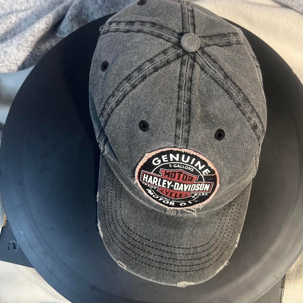 Harley Davidson Mens Distressed Genuine Motor Oil Biker Trucker Hat Grey Black - Picture 7 of 8